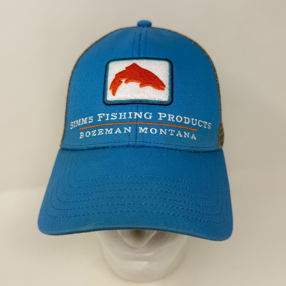 Simms Fishing Products Bozeman Montana Trucker Hat Blue Grey Mesh Snapback Cap